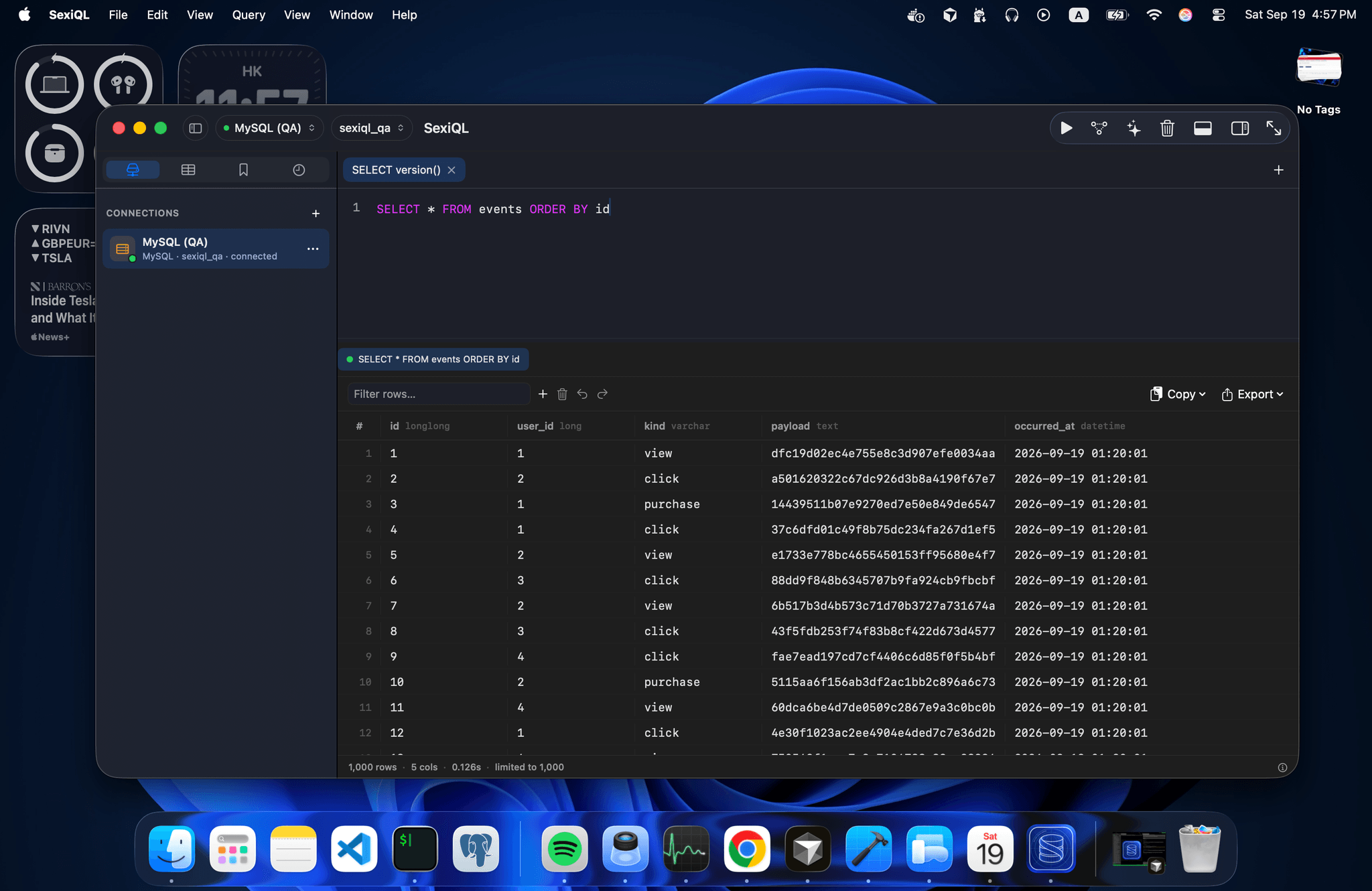 SexiQL on a Mac, with the SQL editor, results grid, and sidebar